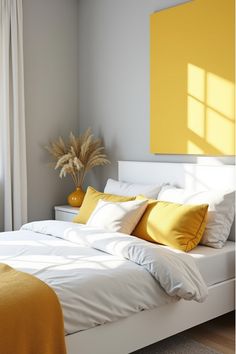 Small bedroom with light gray walls and yellow accents Small Bedroom Color Schemes, Compact Room, Small Bedroom Colours, Light Blue Throw Pillows, Yellow Magic, Modern Monochrome, Monochromatic Color Scheme, Yellow Bedroom, Bedroom Color