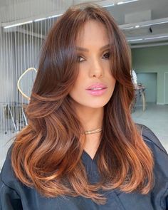 Hair Color Medium Length, Balayage Layers, Layers Bangs, Copper Balayage, Leaves Changing Color, Medium Hair Color