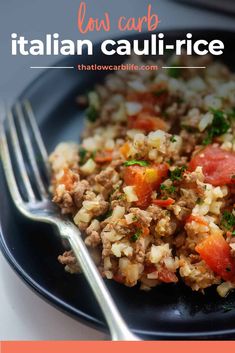 a close up of a plate of food with rice and vegetables on it, with the words low carb italian cauliflower