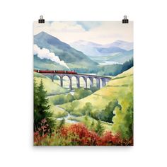 a painting of a train traveling over a bridge in the mountains with trees and flowers