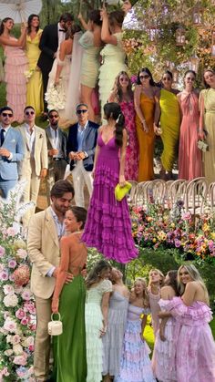 a collage of people dressed up in formal wear and dress clothes with flowers on the ground