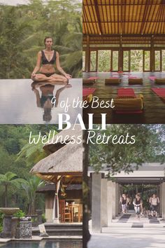 4 images of retreat resorts. Woman doing yoga. Yoga mats on the floor of a natural looking hut. Women doing Pilates. Outdoor pool resort area.