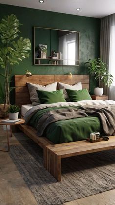 a bed with green sheets and pillows in a bedroom next to a plant on the floor