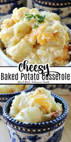 baked potato casserole in a blue and white bowl