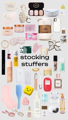 a poster with the words stocking stuff on it and many different items surrounding it