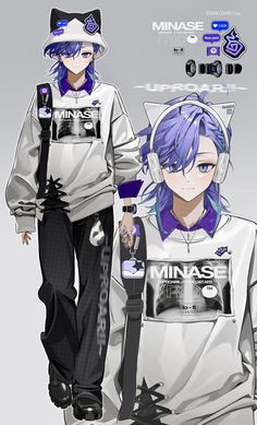 an anime character with blue hair and headphones, standing next to another character wearing white