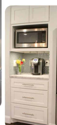 two pictures side by side one has a microwave and the other has a coffee maker