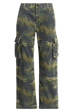 Break out these cotton-blend cargo pants for off-duty days with utilitarian elements like side pockets and a camo pattern. 26 1/2" inseam; 16" leg opening; 10 1/2" front rise; 13 1/2" back rise (size 29) 98% cotton, 2% polyurethane Machine wash, line dry Made in the USA of imported fabric Military Style Relaxed Fit Cargo Pants For Fall, Military Style Cargo Pants For Fall, Fall Military Style Relaxed Fit Cargo Pants, Relaxed Fit Camouflage Cargo Pants For Fall, Camouflage Straight Leg Utility Cargo Pants, Camouflage Straight Leg Cargo Pants, Camouflage Wide Leg Cargo Jeans, Camouflage Straight Leg Cargo Jeans With Multiple Pockets, Military Camouflage Cargo Pants With Patch Pockets