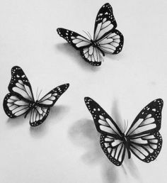 three black and white butterflies sitting on top of a table next to eachother