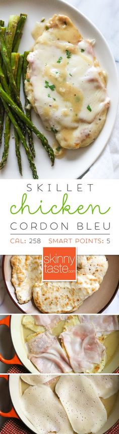 the cover of skillet chicken cordon bleu with asparagus