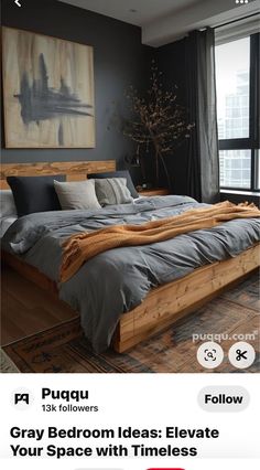 a bed room with a neatly made bed and a painting on the wall above it