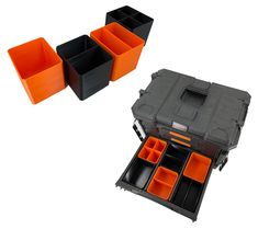 an orange and black toolbox with compartments on the bottom, and two other containers in the middle