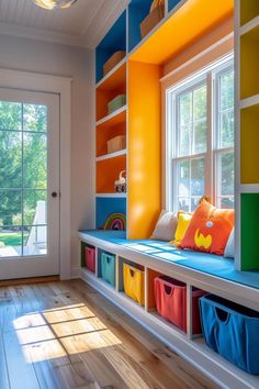 a brightly colored room with lots of bookshelves and bins on the wall