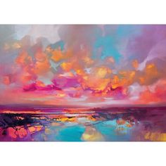 an abstract painting of colorful clouds over water with blue and pink colors in the sky