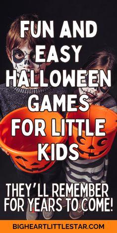 two children in halloween costumes holding an orange bowl with the words fun and easy halloween games for little kids they'll remember for years to come