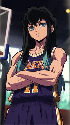 an anime character with long black hair and blue eyes, standing in front of a basketball hoop