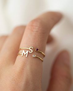 Personalized 14k Initial ring with birthstone. Customize your ring with any Uppercase letter A-Z with your choice of birthstone. Perfect gift for you or your loved ones. • 14k Gold • Adjustable open ring style • Letter measures about 5mm HOW TO ORDER Leave us your choice of letter and birthstone while check out in the note box Initial Rings Gold, S Letter Ring Design, Couple Letter Ring, S Letter Ring, Rings With Letters, Ring With Letter, Ring With Initials, Initial Ring Gold, Ring Initials