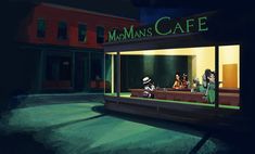 an animated image of people sitting at a restaurant window with the words macman's cafe on it