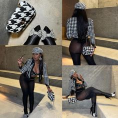 Houndstooth Outfit Ideas, Stocking Outfit Black Women, Baddie Wardrobe, Stocking Outfit, Emmy Red Carpet, Winter Challenge, Houndstooth Outfit, Classy Going Out Outfits, Jamaica Outfits