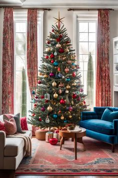 a living room with a christmas tree and couches in front of the window,