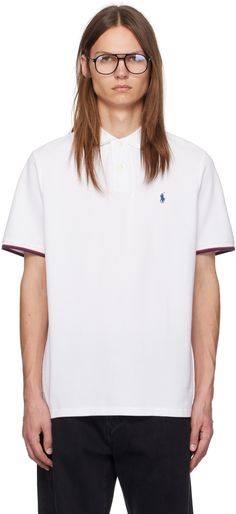 Cotton piqué polo. · Striped rib knit spread collar and cuffs · Two-button placket · Logo embroidered at chest · Tennis-tail hem Supplier color: White Ralph Lauren Logo, Ralph Lauren Purple Label, Lauren White, White Brand, Collar And Cuff, Ralph Lauren Men, Button Placket, Logo Embroidered, Polo Ralph