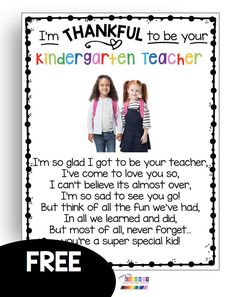 a teacher appreciation card with the words, i'm grateful to be your kindergarten teacher