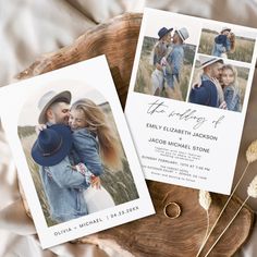 two wedding photos are on top of a wooden slice