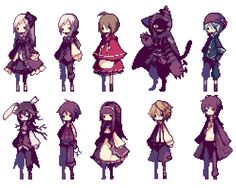 an image of anime characters with different poses and hair styles, all in pixel style