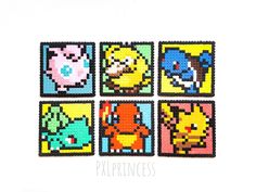 four pixelated images of pokemon and pikachu are shown in the shape of squares