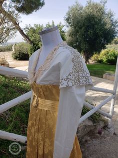 White Regency Costume Dress, Gold Elegant Dress With Historical Design, Elegant Gold Dress With Historical Design, White Regency Style Costume Dress, Regency Style Gold Dress With Historical Design, Vintage Gold Dresses With Historical Design, Vintage Gold Dress With Historical Design, White Historical Design Dress For Fancy Dress, White Historical Dress For Fancy Dress