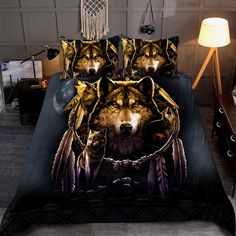 a bed with two wolfs on it