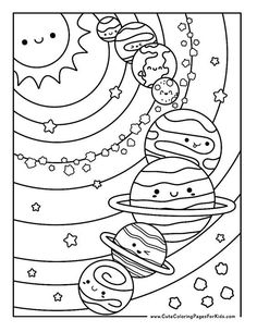 the solar system coloring page with planets and stars in space, including sun, saturn, pluto