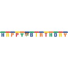 a happy birthday banner with lots of lego pieces on the front and bottom, in multi - colored letters