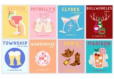 four different types of posters with animals and drinks on them, all in various colors