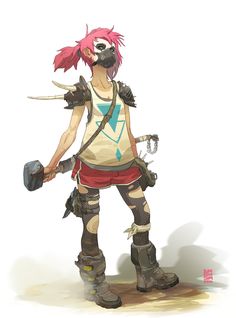 a woman with pink hair and armor holding two swords in one hand while standing on the ground