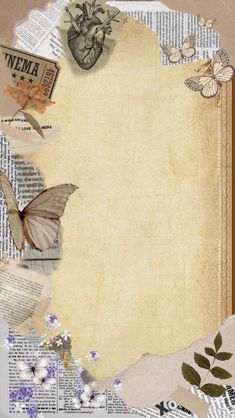 an old paper with butterflies on it and some papers taped to the side that have been torn