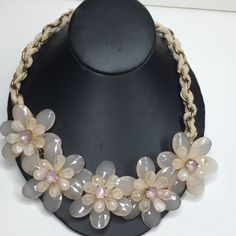 Iridescent Lucite Flower Necklace With Pale Pink Center Pronged Stone. Includes Gold Links With Braiding. Light Weight. 18’ With 2 1/2’ Extender Beige Party Jewelry For Spring, Heart Stone Necklace, Gold Herringbone Chain, Twisted Ribbons, Hair Necklace, Mesh Necklace, Gold Fronts, Vintage Beads Necklace, Silver Necklace Statement