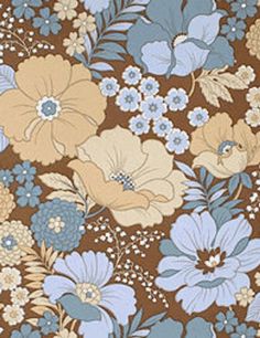 a brown background with blue and yellow flowers