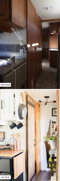 before and after shots of a kitchen with wooden cabinets