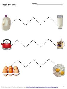 an egg, milk and eggs are shown in this worksheet to teach children how to