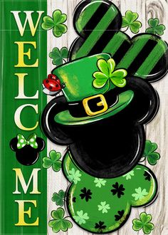 a welcome sign with a green hat and clovers