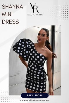 Discover the perfect blend of elegance and sexiness with our Shayna Mini Dress. This one-shoulder dress boasts an irregular white dot print on a sleek black background, creating a slimming effect that will make you the center of attention at any party or outing. Made with high-quality materials, our dress is a must-have for any fashion-forward woman. Trendy One-shoulder Evening Dress, Trendy Evening Dresses With Asymmetrical Neckline, Trendy Evening Dress With Asymmetrical Neckline, Chic One-shoulder Dress With One Sleeve For Date Night, Trendy Asymmetrical Party Dress, Summer One-shoulder Dress For Date Night, Chic Fitted One Shoulder Dress For Summer, Trendy Mini Asymmetrical Party Dress, Trendy Party Dress With Asymmetrical Neckline