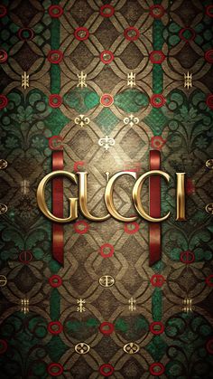 gucci wallpaper with the word gucci in gold and red letters on it