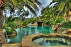 an outdoor hot tub surrounded by palm trees and water features stone steps leading up to it