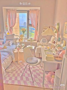 a bedroom with pink and white checkered flooring