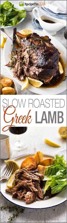 slow roasted greek lamb with lemons, parsley and herbs on a white plate