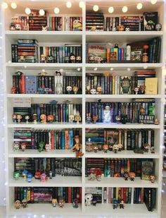 a bookshelf filled with lots of books and stuffed animals on top of it