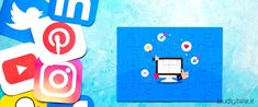 several social media icons are arranged on a blue background