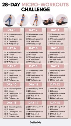 the 25 day micro - workouts challenge is shown in this graphic style, with instructions to