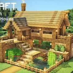 an image of a house made out of wood and bamboo sticks with the words minecraft on it